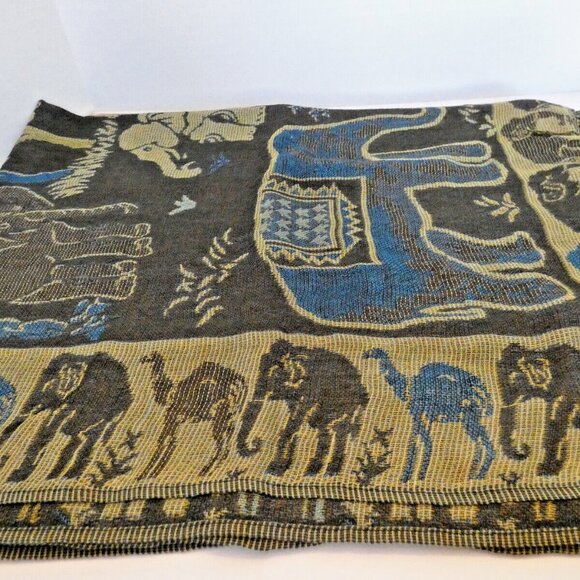 Silk Cashmere Scarf Long Blue Brown Thailand Gold Emboss Elephant Lucky Romantic - Picture 8 of 8